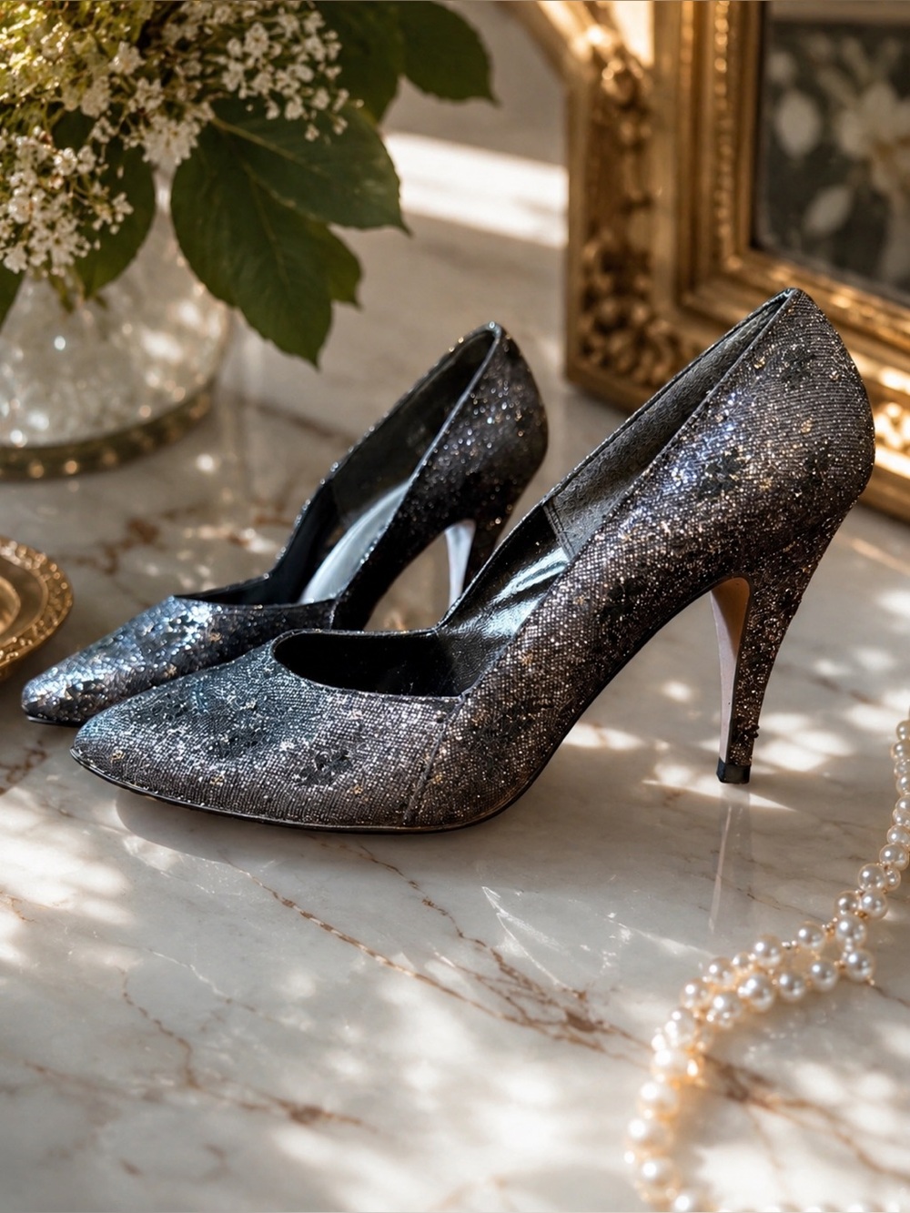Jacques Levine Silver & Black Glitter Floral 4 inch Heels Size 8.5